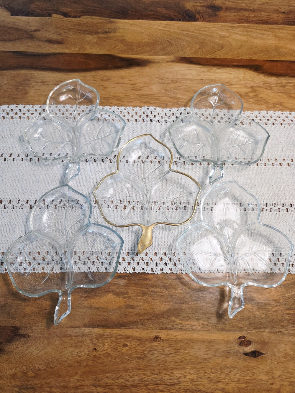 Vintage Pressed Glass Divided Leaf Dish Set of 5 (Gold Rim Relish Trays)